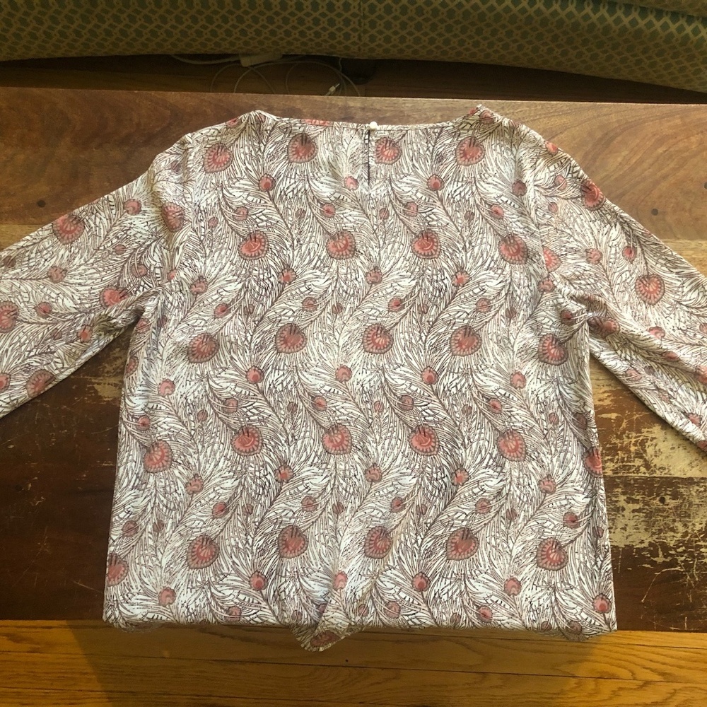 LOFT Peacock Feather Pattern Blouse Pink Tan - Size Large - Picture 6 of 16